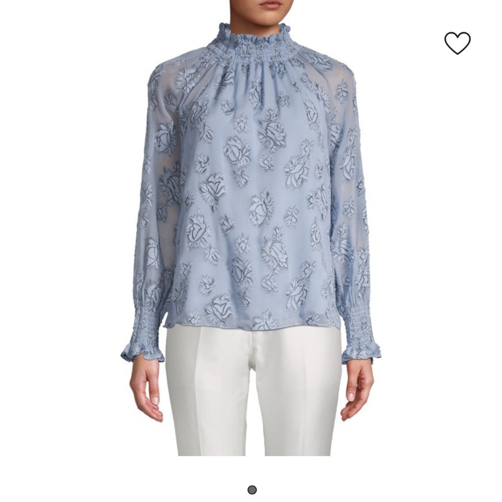 Rebecca Taylor silk blue Rose Metallic top Moc Neck Burnout Smock blouse size 10